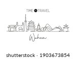 Continuous one line drawing Wuhan city skyline, China. Asia beautiful landmark gallery. World landscape tourism travel wall decor poster print art. Stylish single line draw design vector illustration