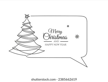 Continuous one line drawing of xmas tree and speech bubble. Trendy line art vector on a white background. Vector illustration. Christmas concept 