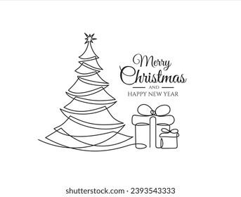 Continuous one line line drawing  of xmas tree and gift. Merry Christmas concept