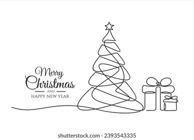 Dibujo continuo de una línea de árbol de navidad y regalo. Concepto de navidad