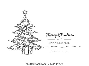 Continuous one line line drawing  of xmas tree and gift. Merry Christmas concept