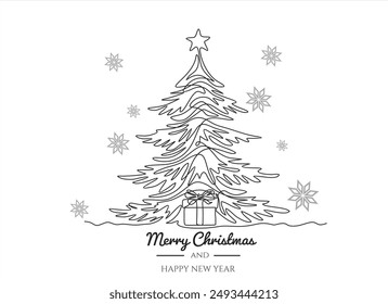 Continuous one line line drawing  of xmas tree and gift. Merry Christmas concept