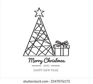 Continuous one line line drawing of xmas tree and gift. Merry Christmas concept	