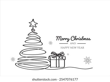 Continuous one line line drawing of xmas tree and gift. Merry Christmas concept	