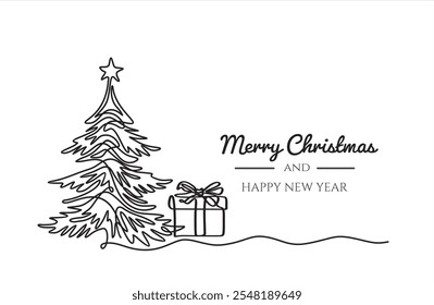  Continuous one line line drawing of xmas tree and gift. Merry Christmas concept

