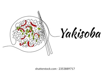 Continuous one line drawing of yakisoba. Japanese stir-fried noodles with vegetables. Simple vector illustration