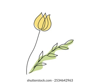Continuous one line drawing of Yellow Tulip flower with Green leaves isolated on white background. Line art. Concept of nature, ecology, organic shapes, Floral Art, Botanical Design, Elegant Bloom