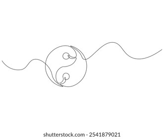 Continuous one line drawing of yin yang symbol. One line drawing illustration of yin yang. Spiritual, meditation, balance concept single line. Editable outline
