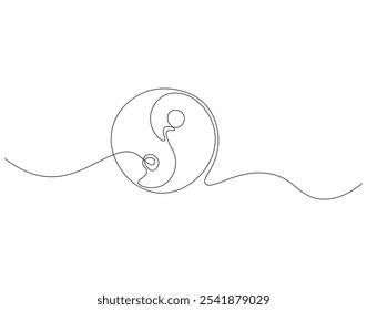 Continuous one line drawing of yin yang symbol. One line drawing illustration of yin yang. Spiritual, meditation, balance concept single line. Editable outline
