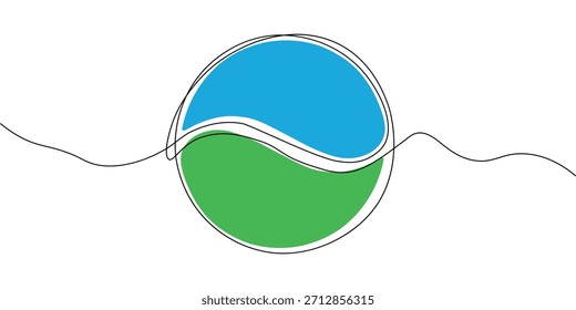 Kontinuierliche einzeilige Zeichnung von Yin Yang Symbol, Taoismus, schwarze Linie Kunst mit grünen und blauen Farbe füllen. Vektorgrafik.