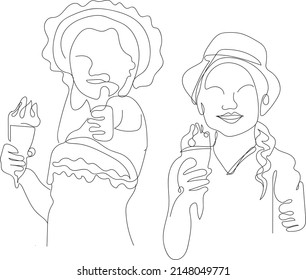 Dibujo continuo de una línea de un niño joven sosteniendo helado en la mano y haciendo pulgares hacia arriba, silueta de ilustración de líneas de niños con icecream