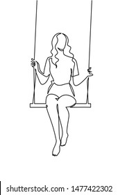 Continuous one line drawing youg woman swinging on swing. Leisure time vector clipart. Hand drawn girl sitting. Woman resting minimalistic contour illustration