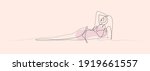 Continuous one Line Drawing Young woman in Bikini Swimwear lying on beach relaxing and sunbathing. Isolated, colored abstract background. Vector Illustration for print, logo,web, trendy beauty design