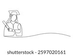 Continuous one line drawing of Young female student wearing a gown and a hat. Single line drawing illustration of woman graduation. Student university concept vector art. Doodle line illustration.