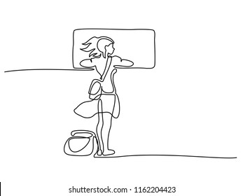 Continuous One Line Drawing. Young Woman Traveler Looking Out From Window Of Train. Vector Illustration