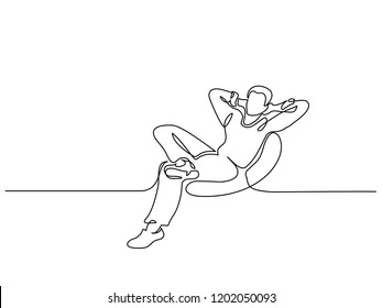 Continuous one line drawing. Young man relaxing in armchair, sitting. Vector illustration