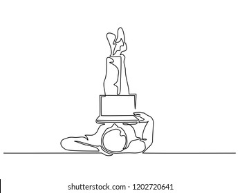 Continuous one line drawing. Young man relaxing lying on floor with laptop computer legs up. Vector illustration