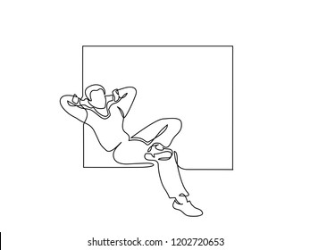 Continuous one line drawing. Young man relaxing in window, sitting. Vector illustration