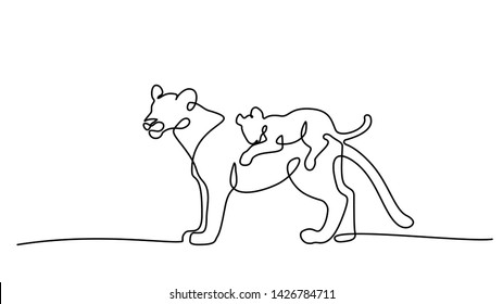 Continuous one line drawing. Young lioness with lion cub on her back. Vector illustration