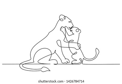 Continuous One Line Drawing. Young Lioness With Lion Cub. Vector Illustration