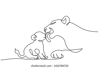 Continuous One Line Drawing. Young Lioness With Lion Cub. Vector Illustration