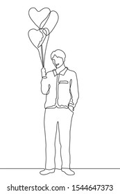 continuous one line drawing Young smiling man holds heart shaped balloons. A full-length silhouette of a man stands relaxed.The concept of kindness, openness, love.It can be used for animation. Vector