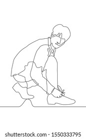continuous one line drawing of a young handsome full-length man in casual clothes tie a lace. Preparation, planning, strategy, shoe problems, sports, observation. Can be used for animation. Vector