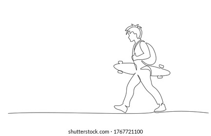 Continuous one line drawing. Young boy walking boy with a long board. Vector illustration