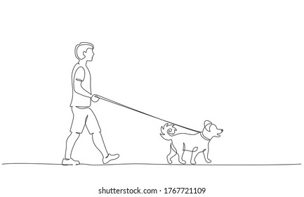 Continuous one line drawing. Young holding dog leash in walking. Vector illustration