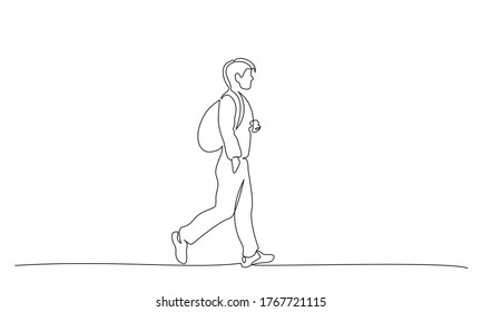 Continuous one line drawing. Young man walking on street with backpack. Student college with bag. Vector illustration