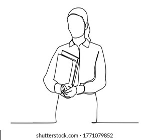 Continuous one line drawing of a young woman teacher carrying books. Vector illustration