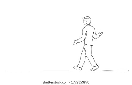Continuous one line drawing. Young man walking surprised. Vector illustration