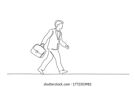 Continuous one line drawing. Young man walking on street with briefcase. Student college with brief-bag. Vector illustration