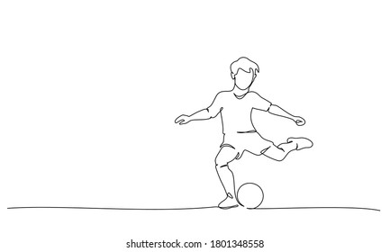 Continuous One Line Drawing. Young Boy Play Football. Sports Concept Vector Illustrations Black On White