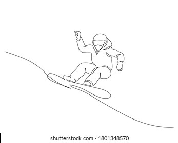 Continuous one line drawing. Young snowboarder man ride fast snowboard at snowy mountain. Tourist sport concept. Vector illustration black on white