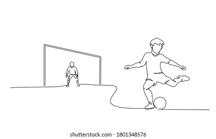 Continuous one line drawing. Young boy play Football with goalkeeper boy stands at goal. Sports concept Vector illustrations black on white