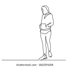 Continuous one line drawing of young pretty woman in a hoodie. Back view. One line drawing of a woman in hoodie and glasses  walking. woman in sport cloth. Vector illustration.