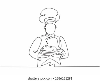 Continuous one line drawing of young handsome man chef in uniform serving main dish to customer at hotel restaurant. Healthy organic food concept single line draw graphic design vector illustration