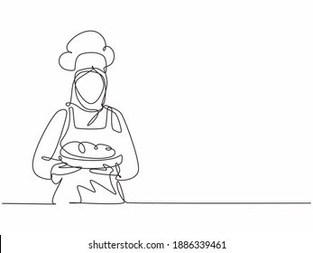 Continuous One Line Drawing Of Young Beauty Woman Chef In Uniform Serving Main Dish To Customer At Hotel Restaurant. Healthy Organic Food Concept Single Line Draw Graphic Design Vector Illustration