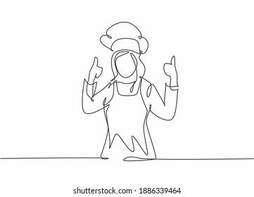 Continuous one line drawing of young happy beauty female chef giving thumbs up gesture. Excellent taste of food in hotel restaurant concept single line draw graphic design vector illustration