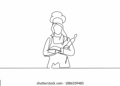 Continuous one line drawing of young attractive beauty female chef holding wood rolling pin while arm crossed on chest. Service excellent concept single line draw graphic design vector illustration
