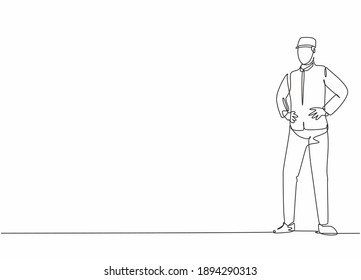 Continuous one line drawing of young handsome doorman pose standing and waiting for hotel guests. Professional job profession minimalist concept. Single line draw design vector graphic illustration
