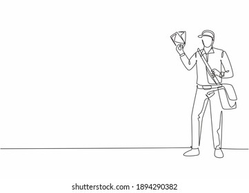 Continuous one line drawing of young mailman pose standing and holding envelopes while bringing bag. Professional job profession minimalist concept. Single line draw design vector graphic illustration