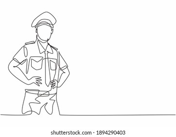 Continuous one line drawing of young captain pilot pose wearing uniform before take off flight. Professional job profession minimalist concept. Single line draw design vector graphic illustration