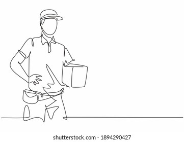 Continuous one line drawing of young delivery man holding package box to be delivered to customer. Professional job profession minimalist concept. Single line draw design vector graphic illustration