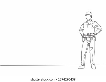 Continuous one line drawing of young handsome handyman pose standing before go to work. Professional job profession minimalist concept. Single line draw design vector graphic illustration