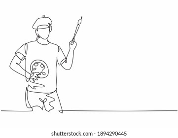 Continuous one line drawing of young painter with flat cap holding paintbrush and color palette. Professional job profession minimalist concept. Single line draw design vector graphic illustration