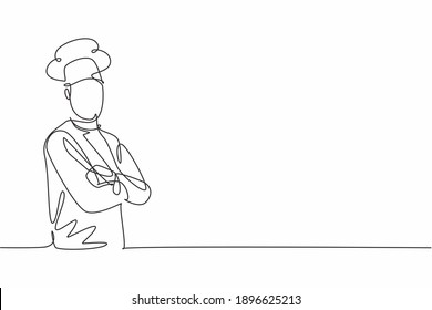 Continuous one line drawing young male chef pose cross his arms on chest before cooking at kitchen. Professional job profession minimalist concept. Single line draw design vector graphic illustration