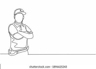 Continuous one line drawing of young delivery man with uniform posing cross his hands on chest. Professional job profession minimalist concept. Single line draw design vector graphic illustration