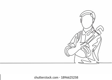 Continuous one line drawing of young male plumber cross his arm on chest while holding pipe wrench. Professional job profession minimalist concept. Single line draw design vector graphic illustration